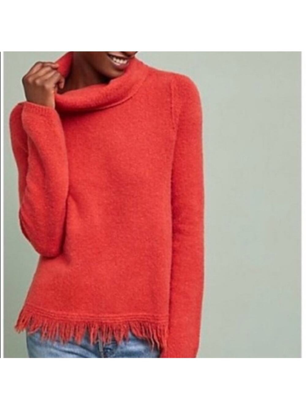Anthropologie AKEMI + KIN Top Women's Size XS Coral Orange Aruna Fringe Sweater